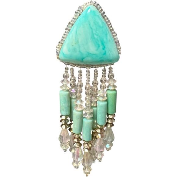 Single Vintage Turquoise Triangle Statement Earring Crystal Fringe - Picture 8 of 11